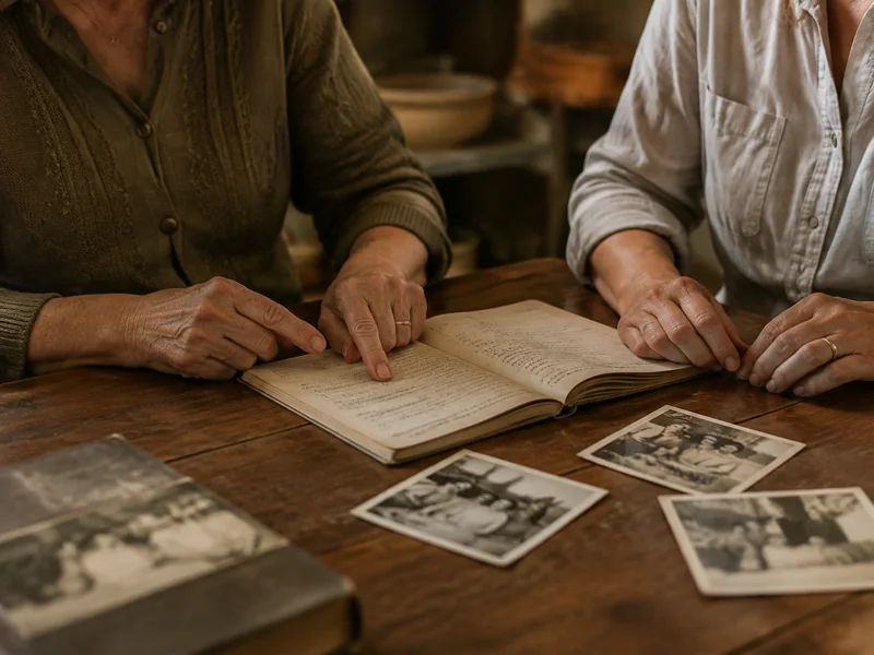 Two generations looking through recipes and family photographs together