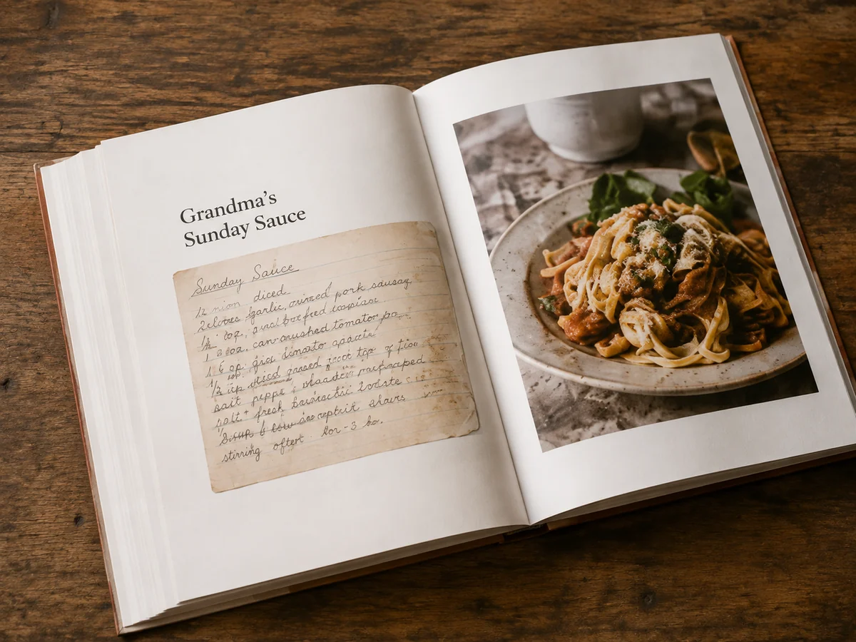 An example cookbook pairing a handwritten family recipe with a photograph of homemade pasta