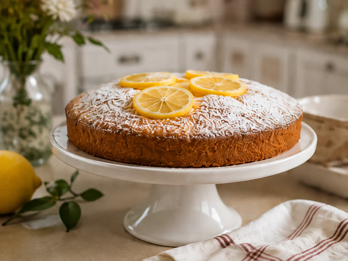 A homemade lemon cake dusted with icing sugar on a ceramic cake stand