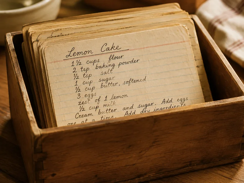 Handwritten family recipe cards kept in a wooden recipe box